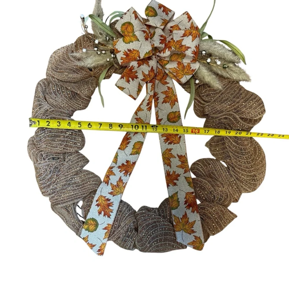 Handmade Rustic Fall Harvest Deco Mesh Wreath Faux Grass & Leaf Bow 22 inches